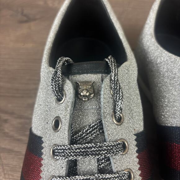 GUCCI 414684 Bambi Web Glitter Stud Silver Sneakers Men's 11.5 Low Top Shoes - Picture 9 of 16